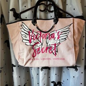 Victoria's Secret Pink Canvas Tote with Wing Graphic and Black Trim